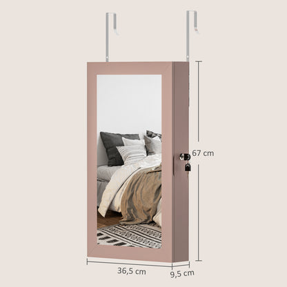 Wall Mounted Jewelry Mirror Cabinet with Lock and Multiple Compartments to Hang on Wall or Door for Earring Necklace Ring Bracelet Pink and Beige Lining