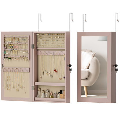 Wall Mounted Jewelry Mirror Cabinet with Lock and Multiple Compartments to Hang on Wall or Door for Earring Necklace Ring Bracelet Pink and Beige Lining