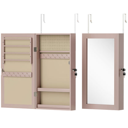 Wall Mounted Jewelry Mirror Cabinet with Lock and Multiple Compartments to Hang on Wall or Door for Earring Necklace Ring Bracelet Pink and Beige Lining