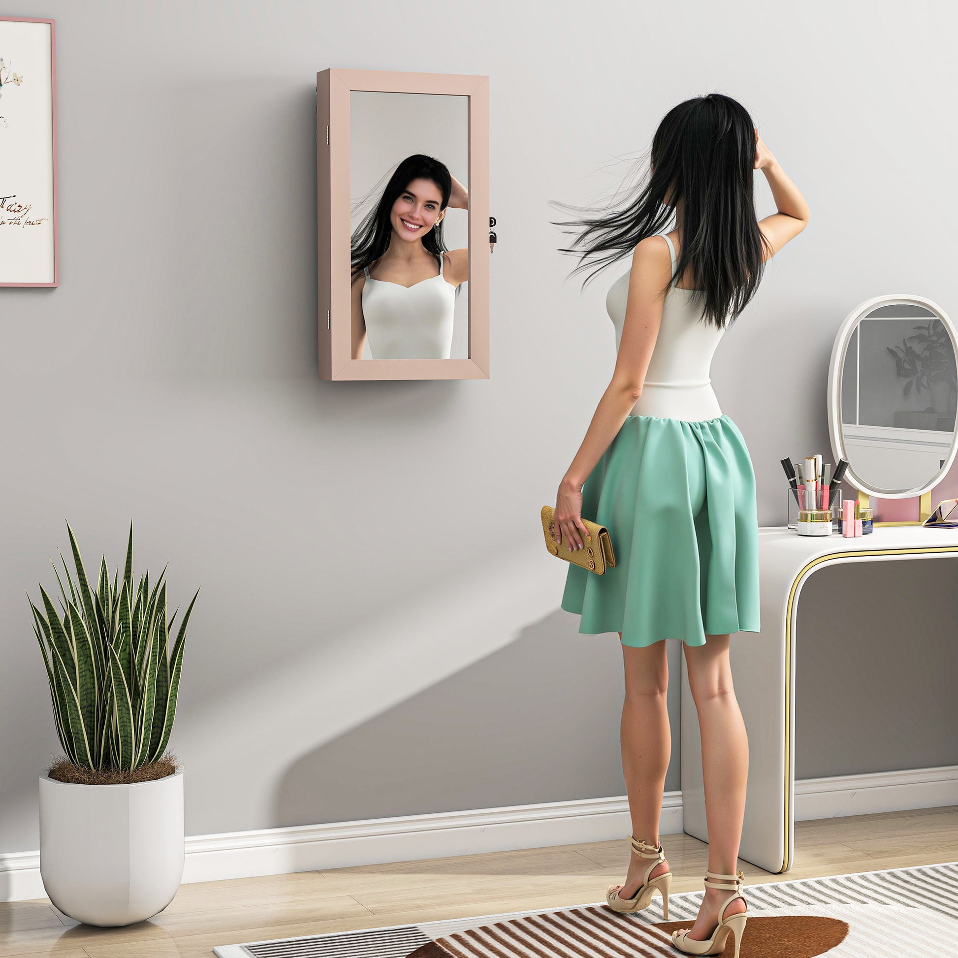 Wall Mounted Jewelry Mirror Cabinet with Lock and Multiple Compartments to Hang on Wall or Door for Earring Necklace Ring Bracelet Pink and Beige Lining