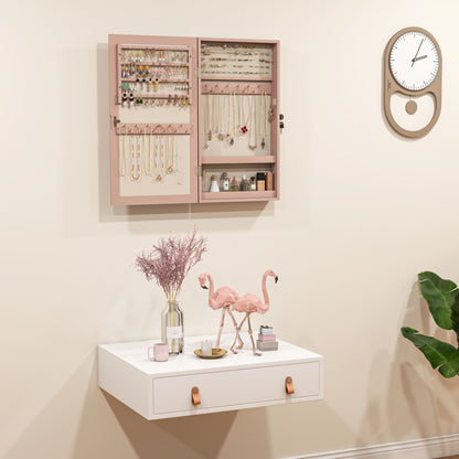 Wall Mounted Jewelry Mirror Cabinet with Lock and Multiple Compartments to Hang on Wall or Door for Earring Necklace Ring Bracelet Pink and Beige Lining