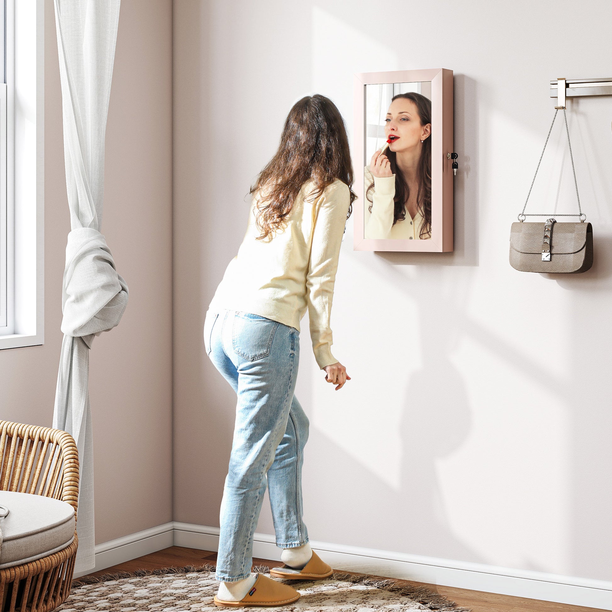 Wall Mounted Jewelry Mirror Cabinet with Lock and Multiple Compartments to Hang on Wall or Door for Earring Necklace Ring Bracelet Pink and Beige Lining