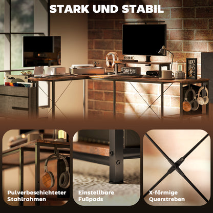 L-Shaped Desk with Shelf, Computer Desk with Monitor Stand & 2 Hooks Reversible Gaming Table Corner Desk for Office, Bedroom, 168 x 120 x 90 cm, Rustic Brown