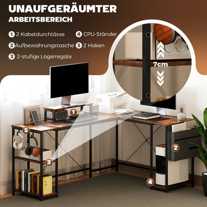 L-Shaped Desk with Shelf, Computer Desk with Monitor Stand & 2 Hooks Reversible Gaming Table Corner Desk for Office, Bedroom, 168 x 120 x 90 cm, Rustic Brown