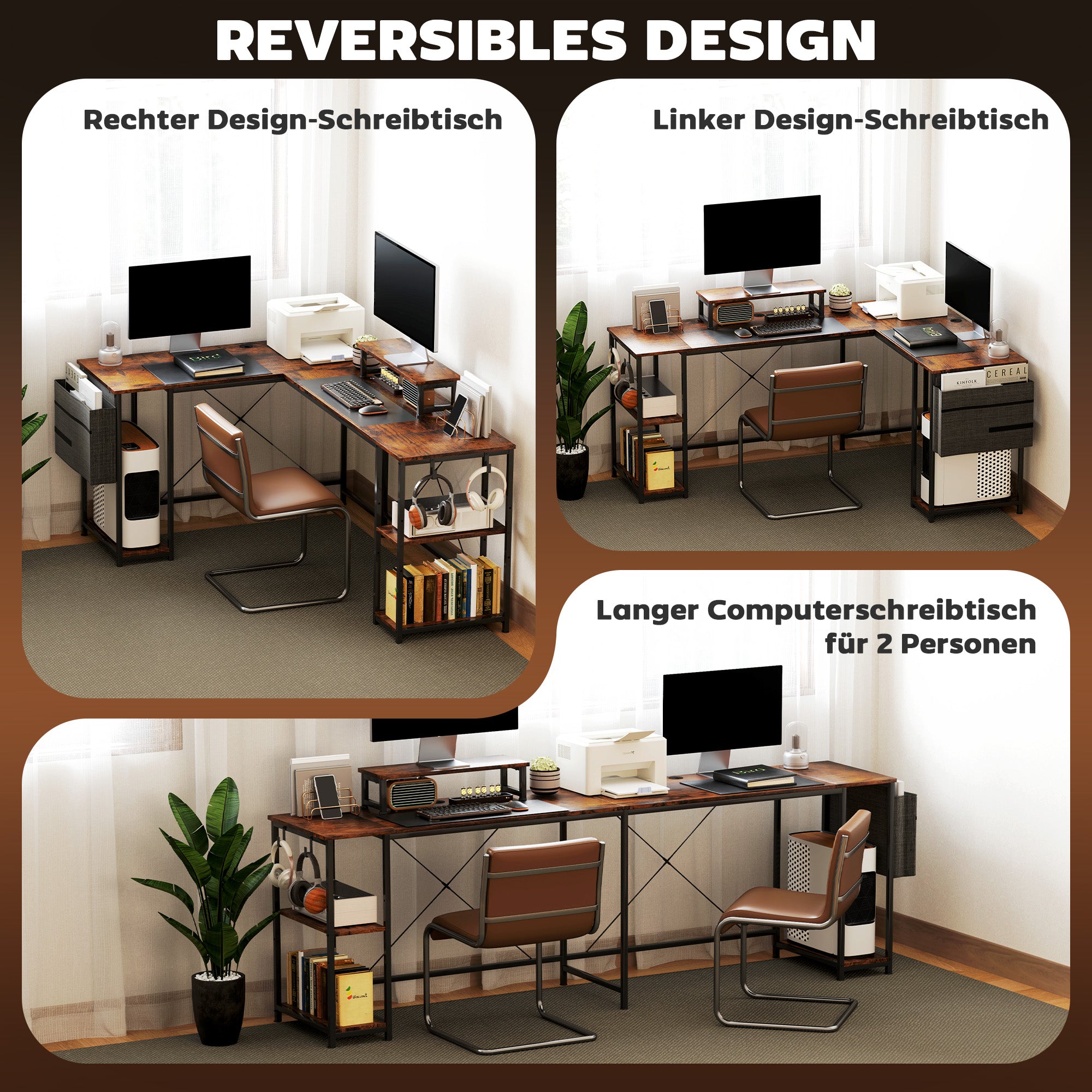 L-Shaped Desk with Shelf, Computer Desk with Monitor Stand & 2 Hooks Reversible Gaming Table Corner Desk for Office, Bedroom, 168 x 120 x 90 cm, Rustic Brown