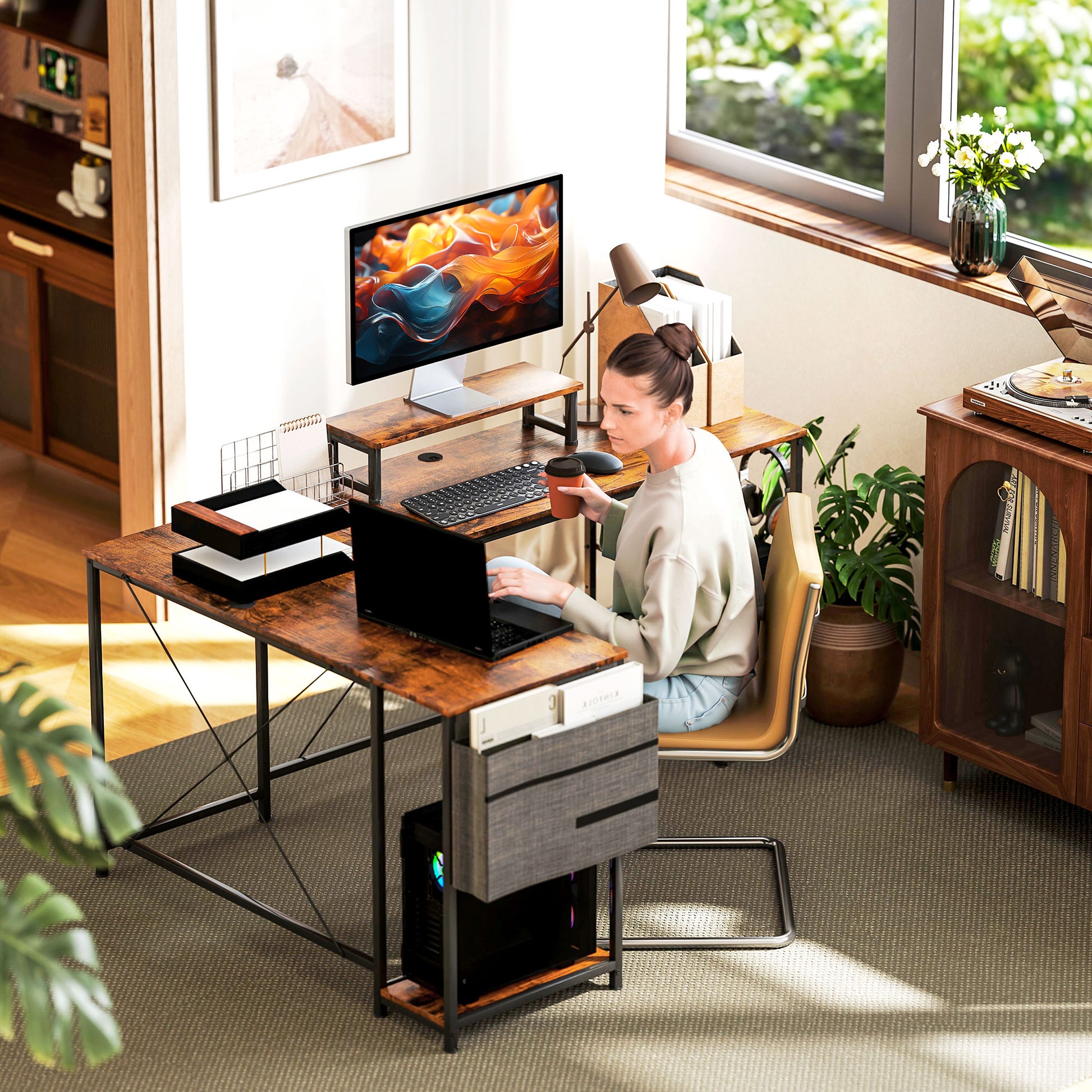 L-Shaped Desk with Shelf, Computer Desk with Monitor Stand & 2 Hooks Reversible Gaming Table Corner Desk for Office, Bedroom, 168 x 120 x 90 cm, Rustic Brown