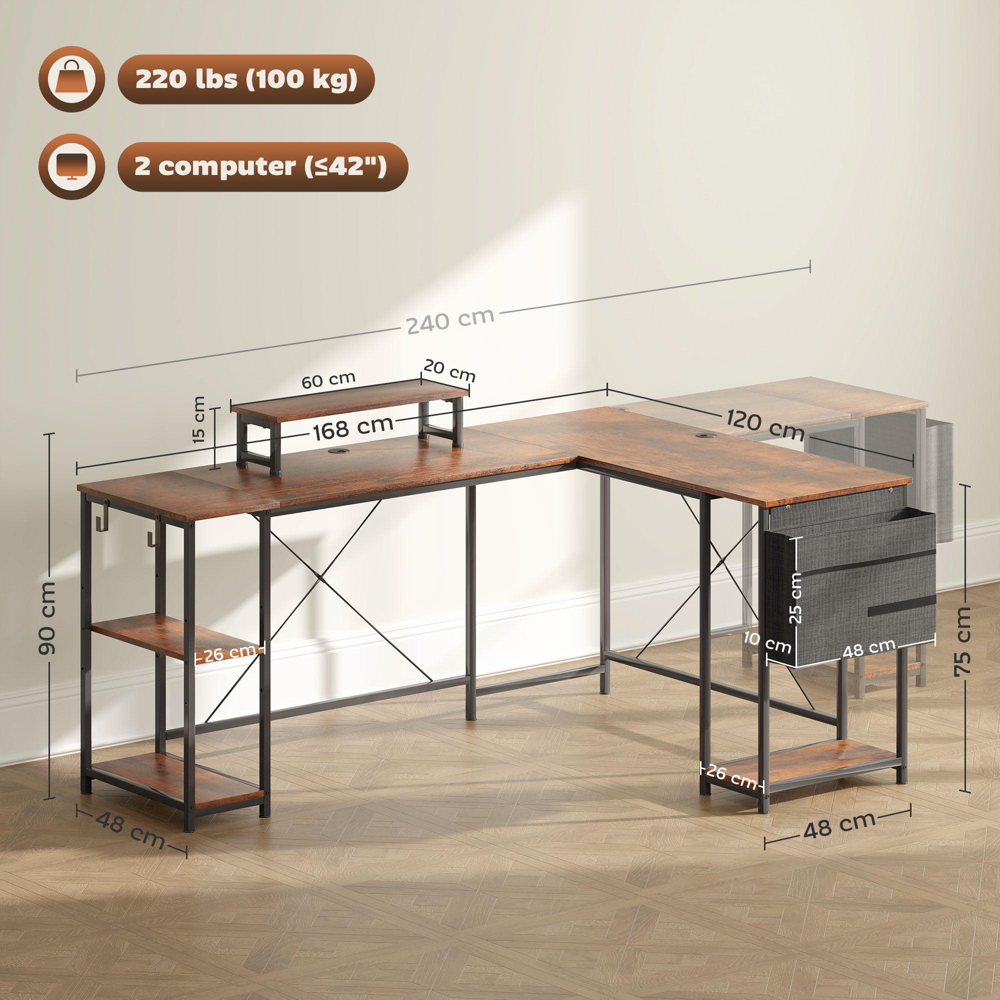 L-Shaped Desk with Shelf, Computer Desk with Monitor Stand & 2 Hooks Reversible Gaming Table Corner Desk for Office, Bedroom, 168 x 120 x 90 cm, Rustic Brown