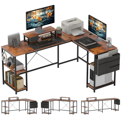 L-Shaped Desk with Shelf, Computer Desk with Monitor Stand & 2 Hooks Reversible Gaming Table Corner Desk for Office, Bedroom, 168 x 120 x 90 cm, Rustic Brown