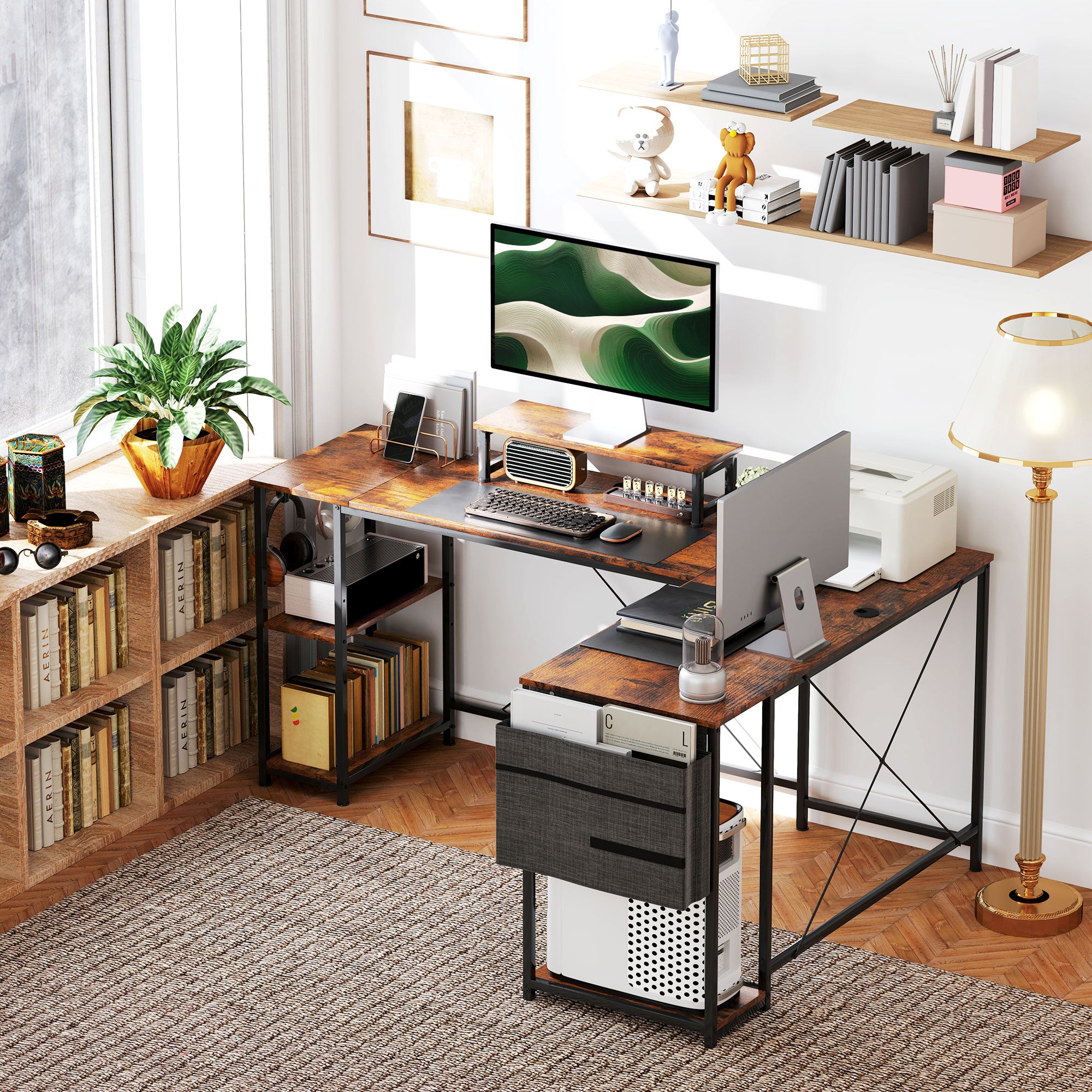 L-Shaped Desk with Shelf, Computer Desk with Monitor Stand & 2 Hooks Reversible Gaming Table Corner Desk for Office, Bedroom, 168 x 120 x 90 cm, Rustic Brown