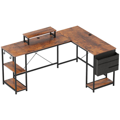 L-Shaped Desk with Shelf, Computer Desk with Monitor Stand & 2 Hooks Reversible Gaming Table Corner Desk for Office, Bedroom, 168 x 120 x 90 cm, Rustic Brown