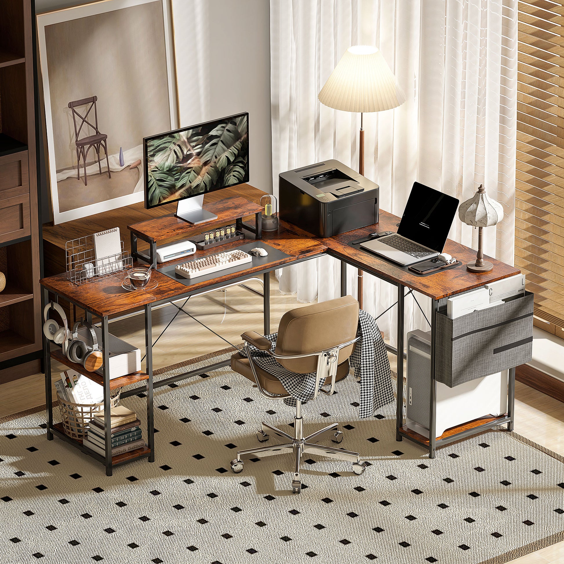 L-Shaped Desk with Shelf, Computer Desk with Monitor Stand & 2 Hooks Reversible Gaming Table Corner Desk for Office, Bedroom, 168 x 120 x 90 cm, Rustic Brown