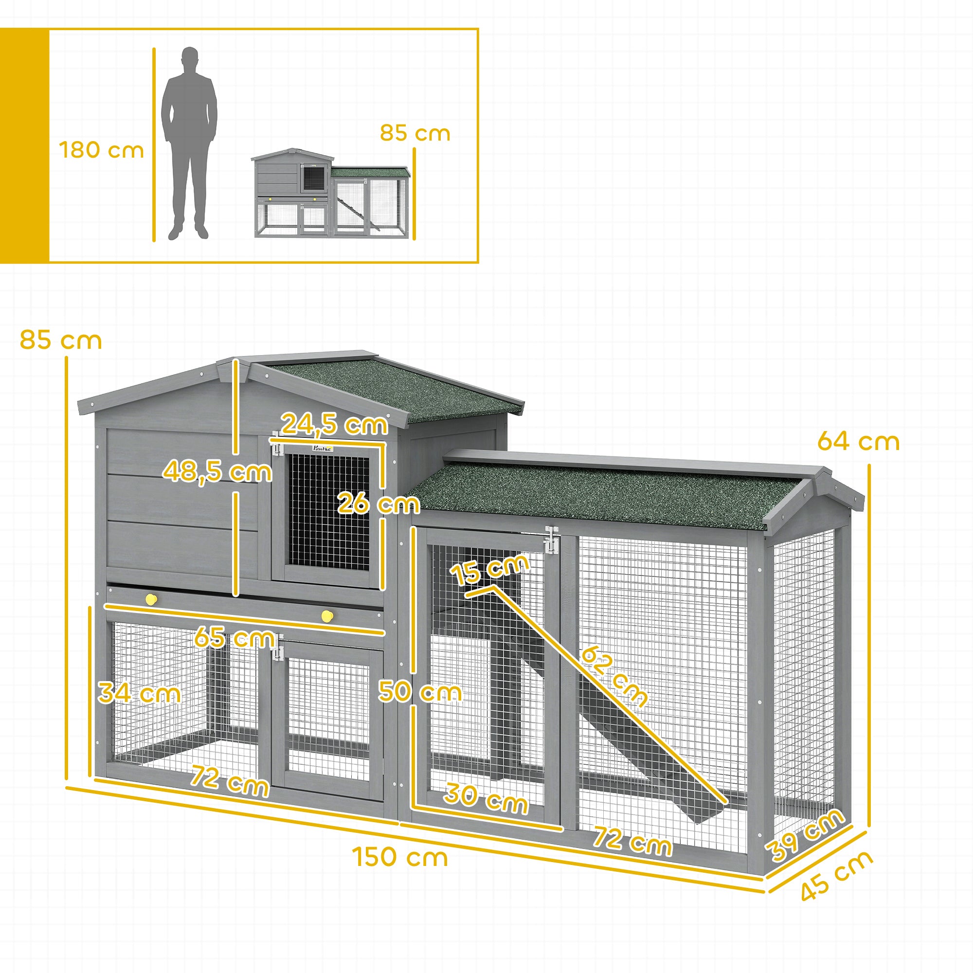 2-Level Wooden Rabbit Hutch, Large Outdoor Cage with Asphalt Roof, Removable Tray & Ramp — For Rabbits, Guinea Pigs & Hamsters, 150 x 45 x 85 cm (59.1 x 17.7 x 33.5 in), Gray