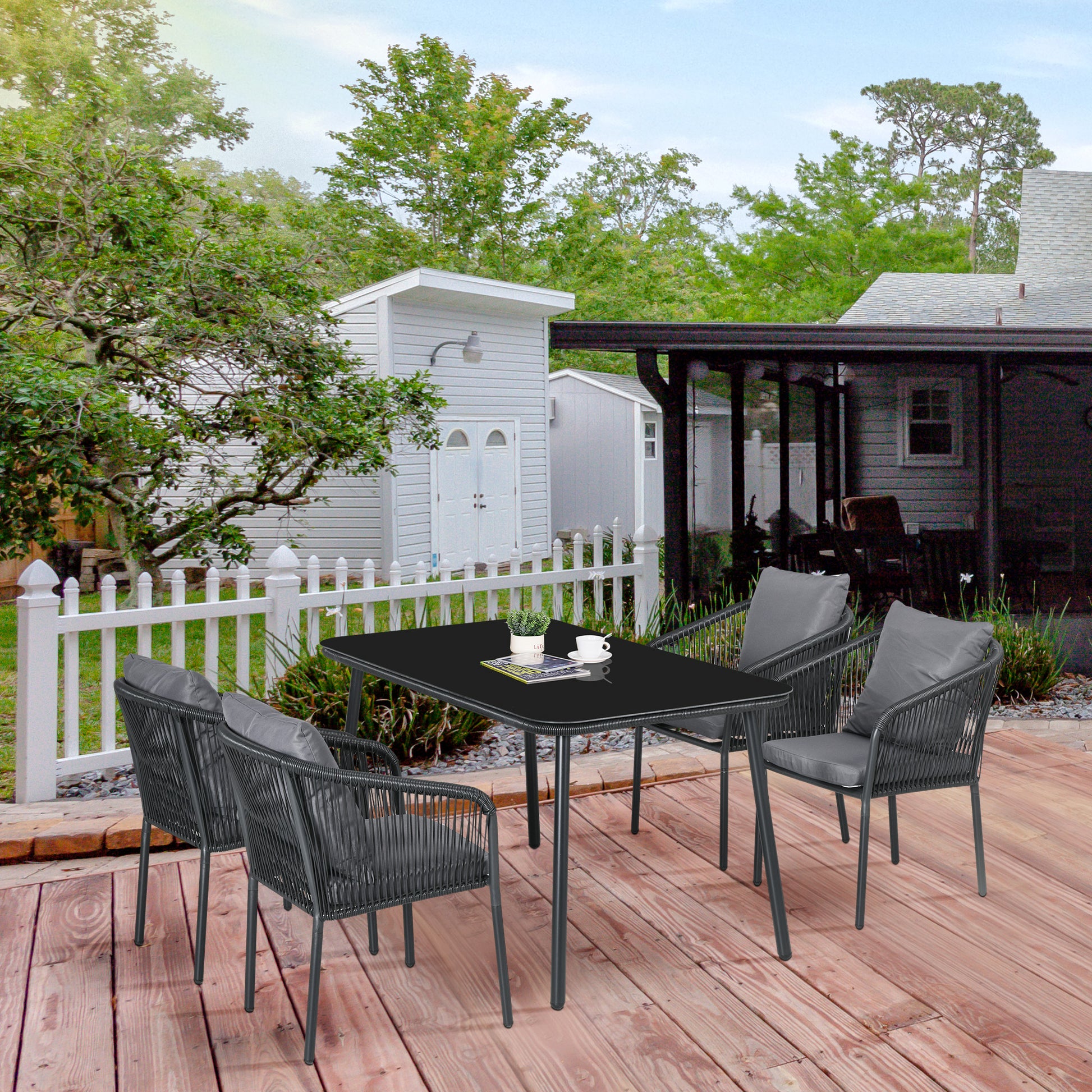 4-Person Garden Lounge Set Rattan Dining Set with Stackable Chairs, Glass Top Table, Aluminum Frame, Gray and Black