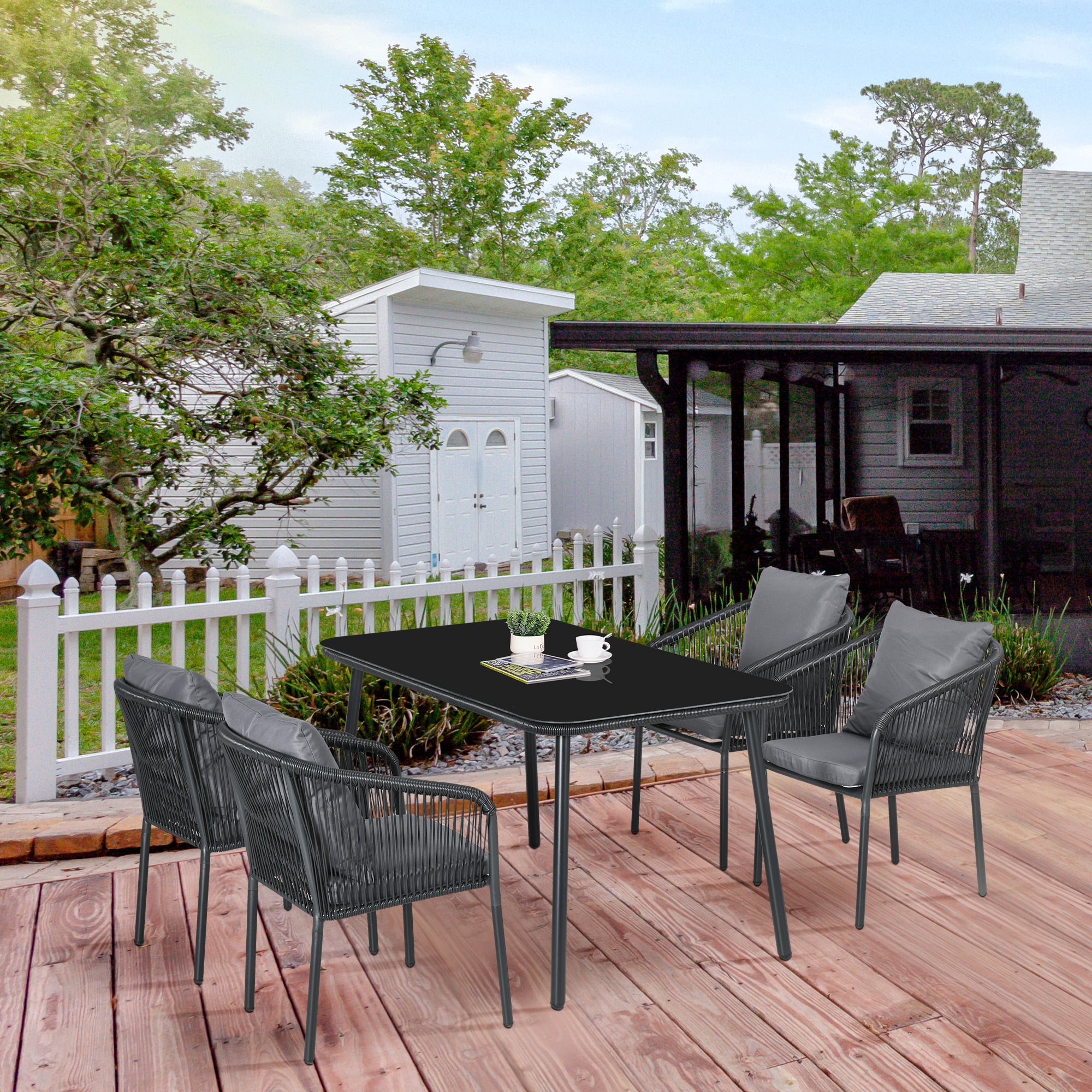 4-Person Garden Lounge Set Rattan Dining Set with Stackable Chairs, Glass Top Table, Aluminum Frame, Gray and Black