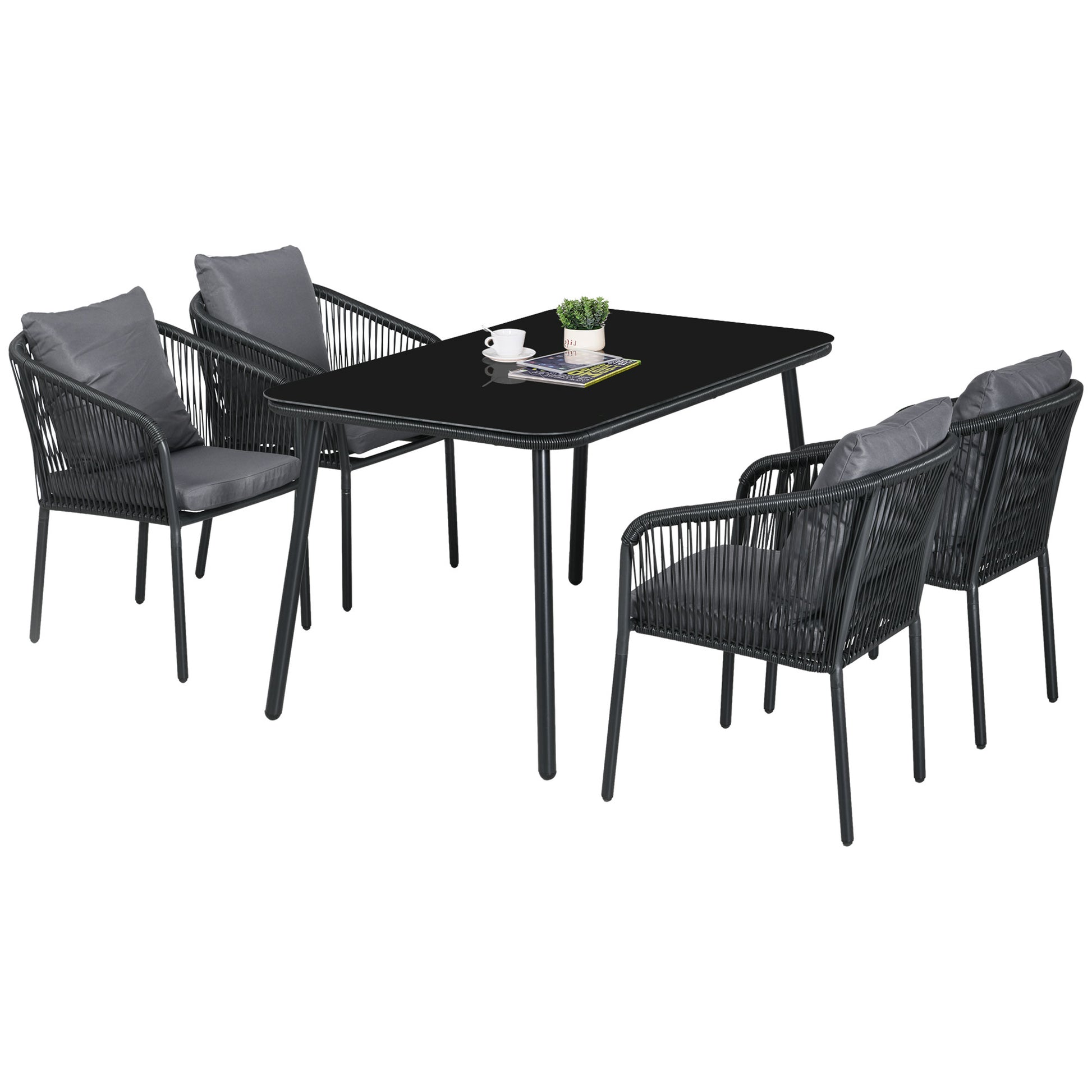 4-Person Garden Lounge Set Rattan Dining Set with Stackable Chairs, Glass Top Table, Aluminum Frame, Gray and Black