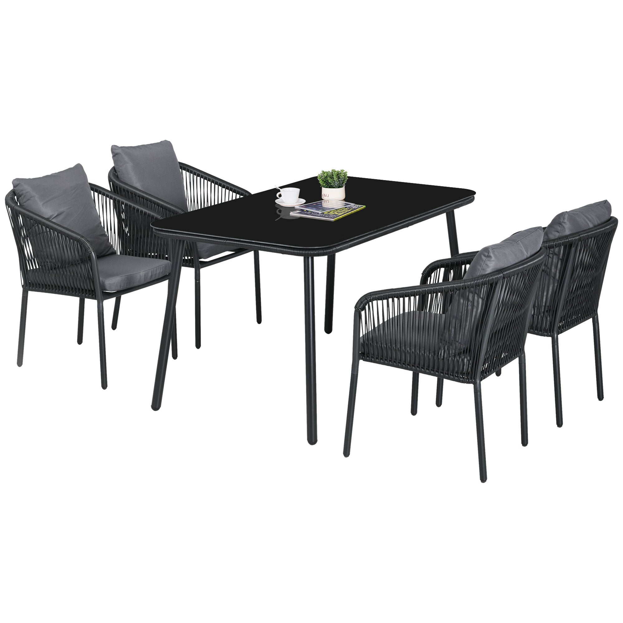 4-Person Garden Lounge Set Rattan Dining Set with Stackable Chairs, Glass Top Table, Aluminum Frame, Gray and Black