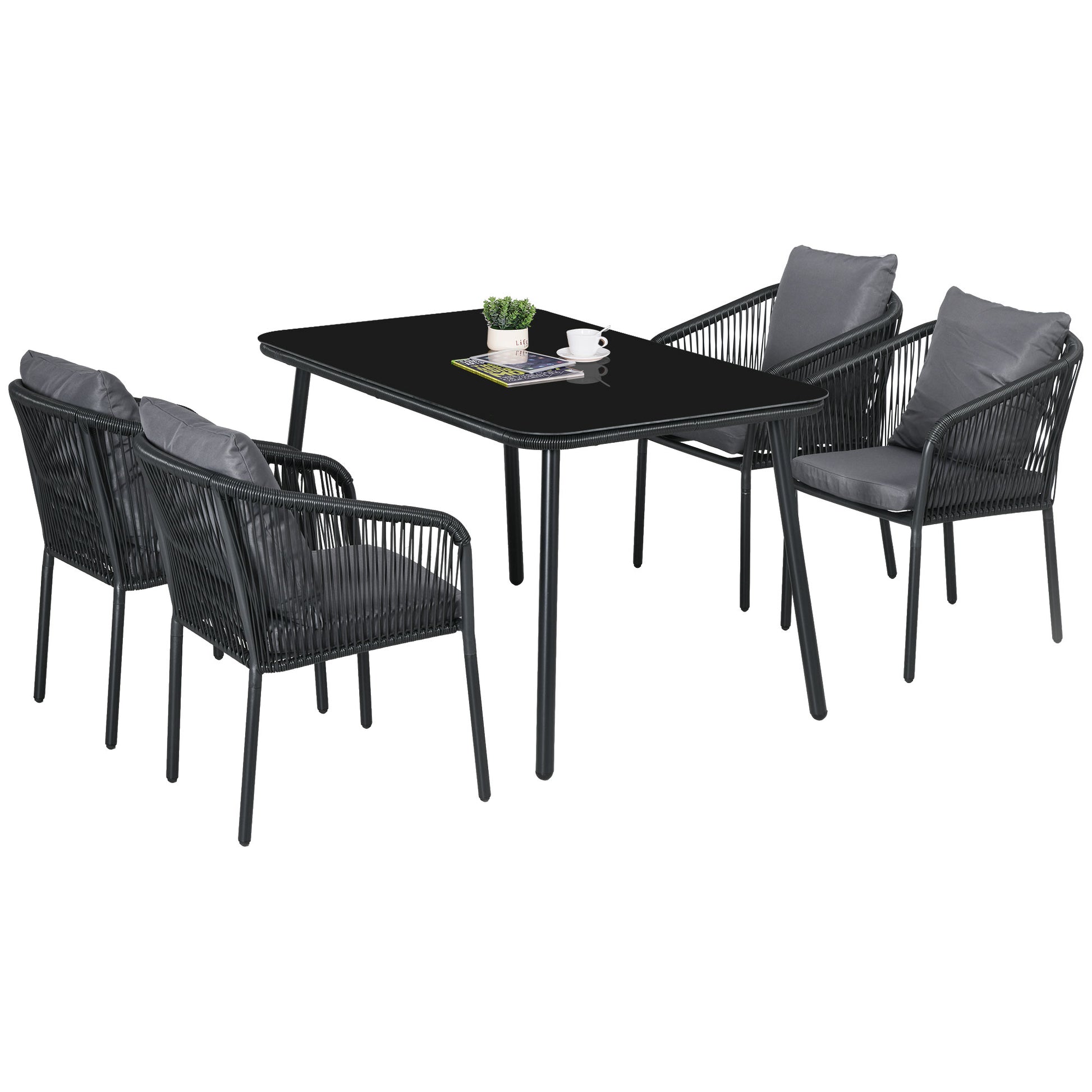 4-Person Garden Lounge Set Rattan Dining Set with Stackable Chairs, Glass Top Table, Aluminum Frame, Gray and Black