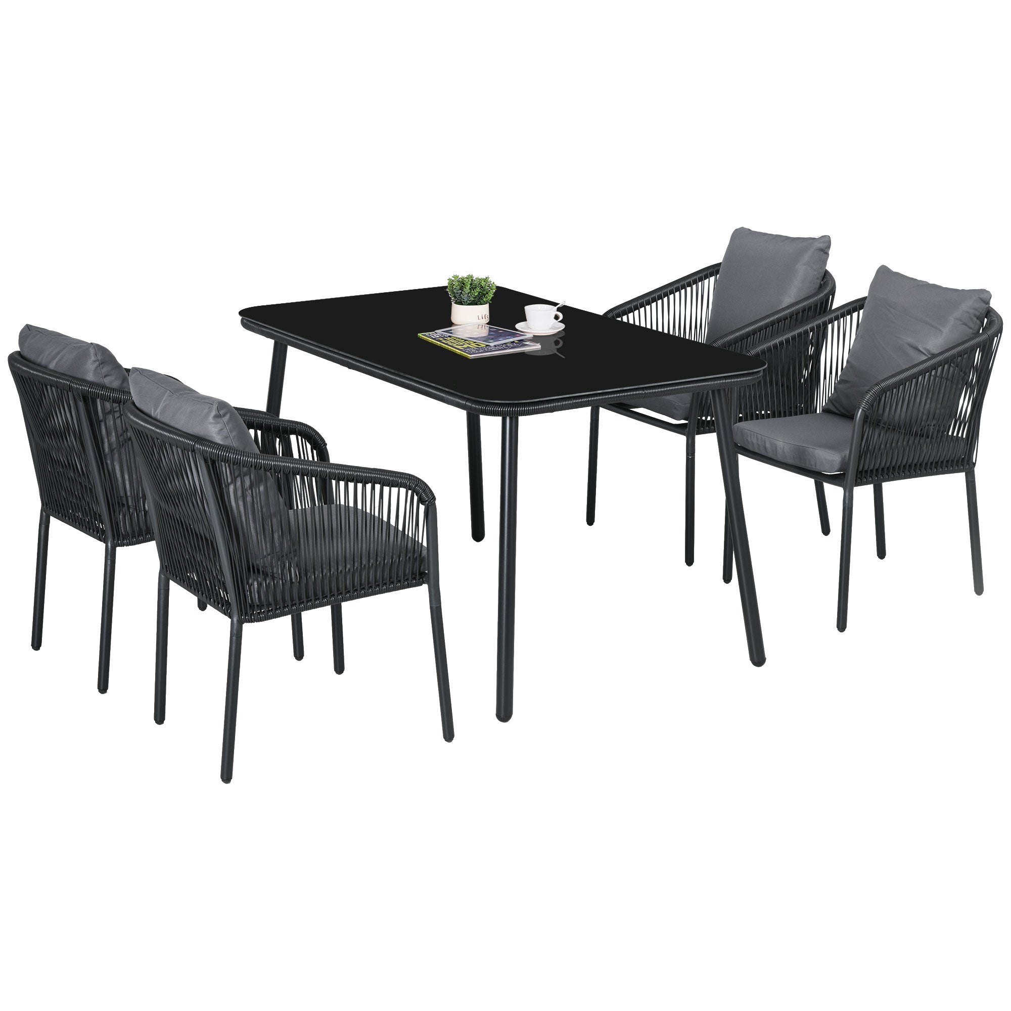 4-Person Garden Lounge Set Rattan Dining Set with Stackable Chairs, Glass Top Table, Aluminum Frame, Gray and Black