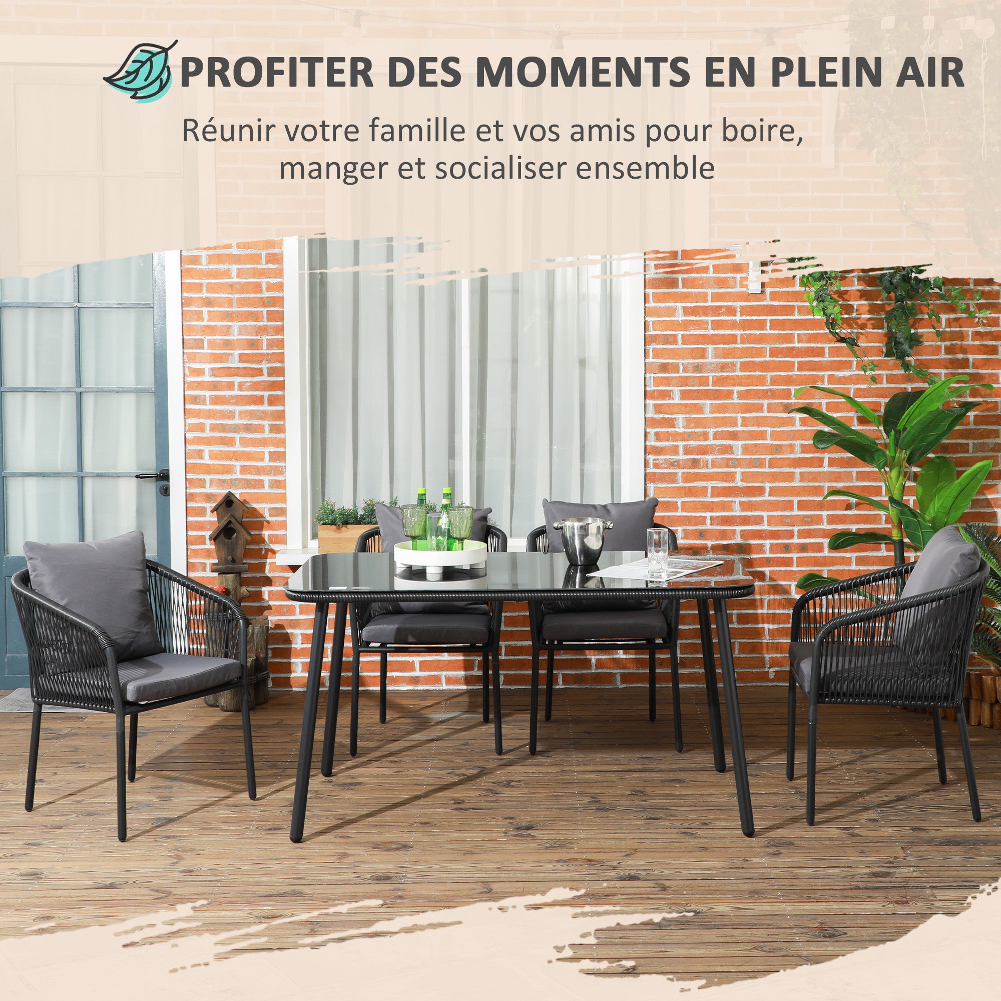 4-Person Garden Lounge Set Rattan Dining Set with Stackable Chairs, Glass Top Table, Aluminum Frame, Gray and Black