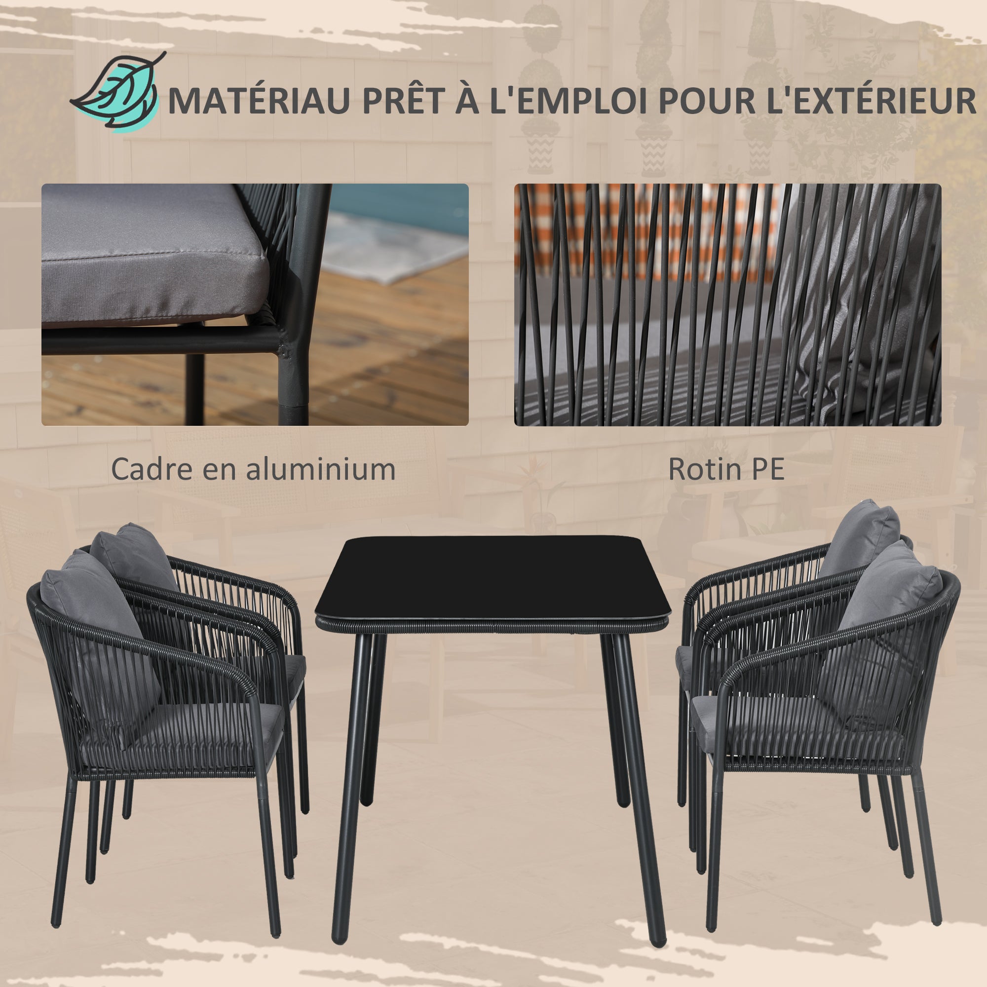 4-Person Garden Lounge Set Rattan Dining Set with Stackable Chairs, Glass Top Table, Aluminum Frame, Gray and Black