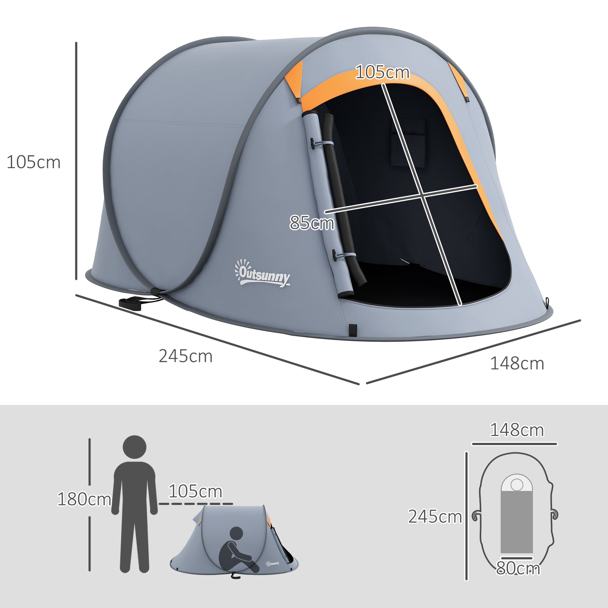 Pop-Up Tent for 2-3 People Camping Tent Portable Foldable Waterproof with Window Door and Carrying Bag for Fishing Hiking 245x148x105 cm Gray