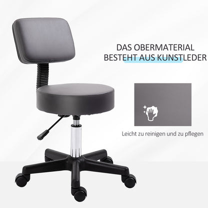 Rolling Stool Adjustable Work Stool with Backrest, Rotating Salon Stool for Massage Office Faux Leather Gray Ø35 x 72-84 cm