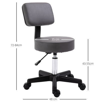 Rolling Stool Adjustable Work Stool with Backrest, Rotating Salon Stool for Massage Office Faux Leather Gray Ø35 x 72-84 cm