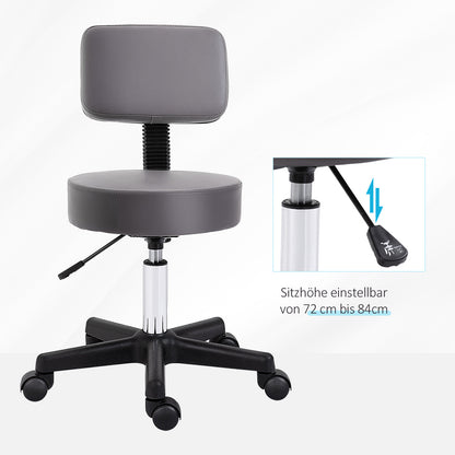 Rolling Stool Adjustable Work Stool with Backrest, Rotating Salon Stool for Massage Office Faux Leather Gray Ø35 x 72-84 cm