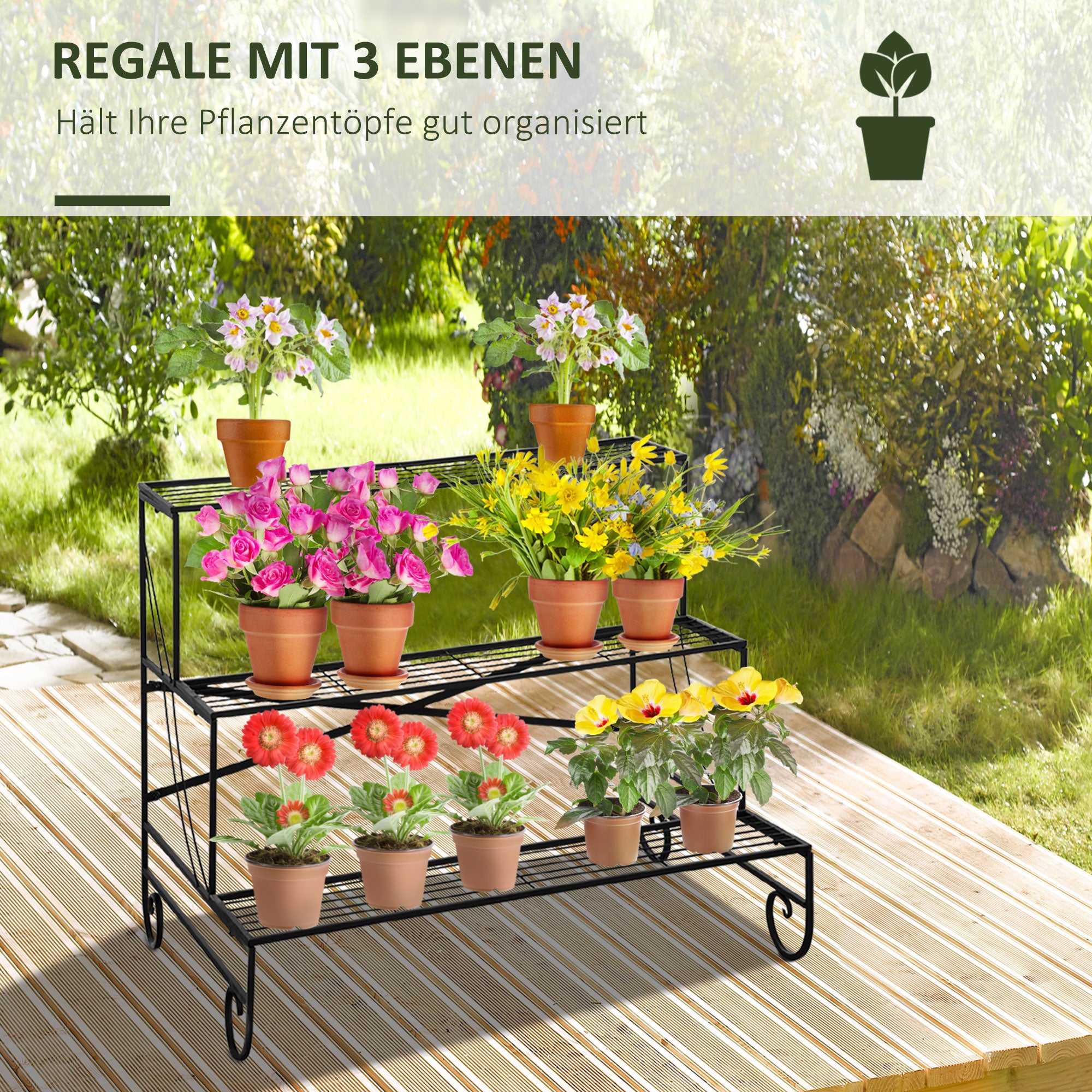 Flower Stand Flower Rack Metal 3 Tiers Plant Stand Flower Step for Indoor and Outdoor Garden Balcony Black 95 x 63 x 72 cm