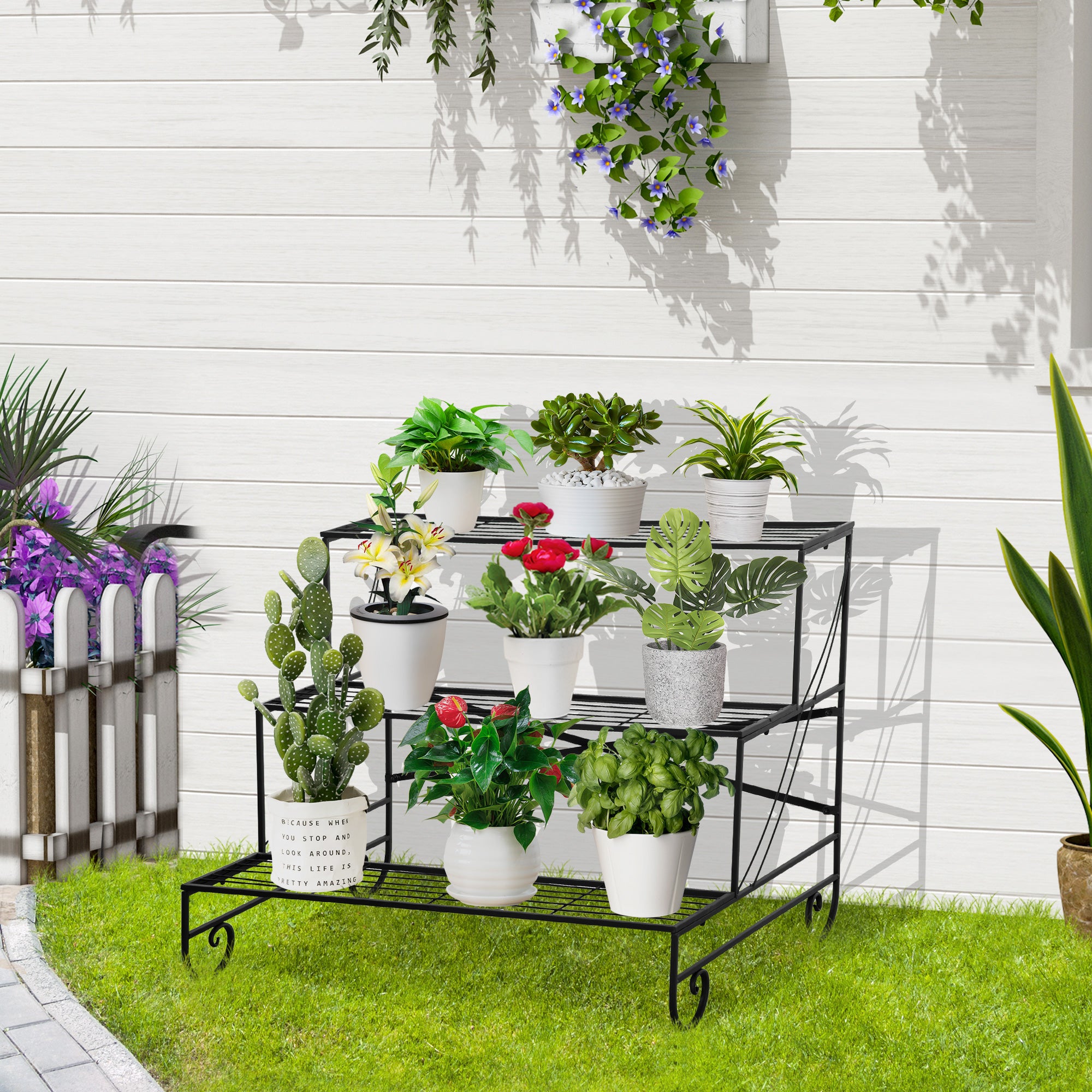 Flower Stand Flower Rack Metal 3 Tiers Plant Stand Flower Step for Indoor and Outdoor Garden Balcony Black 95 x 63 x 72 cm