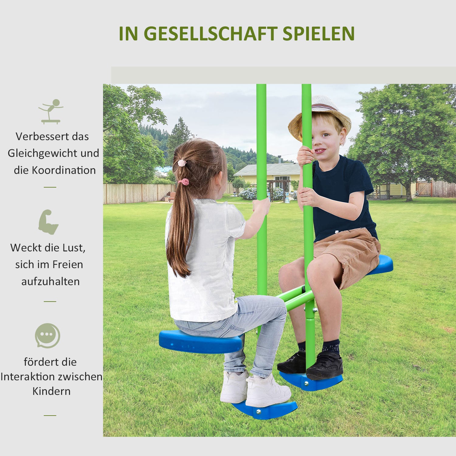 Swing Frame Outdoor Swing Set with 2 Swings, Seesaw, Children's Swing with Metal Frame, Adjustable Rope Garden Swing for Kids, Green