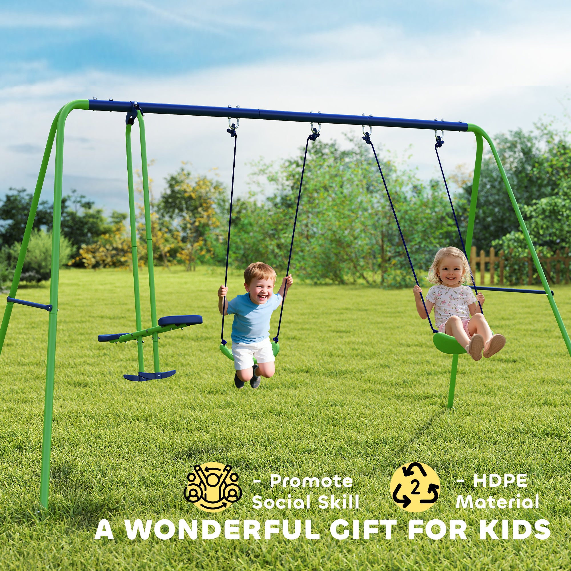 Swing Frame Outdoor Swing Set with 2 Swings, Seesaw, Children's Swing with Metal Frame, Adjustable Rope Garden Swing for Kids, Green