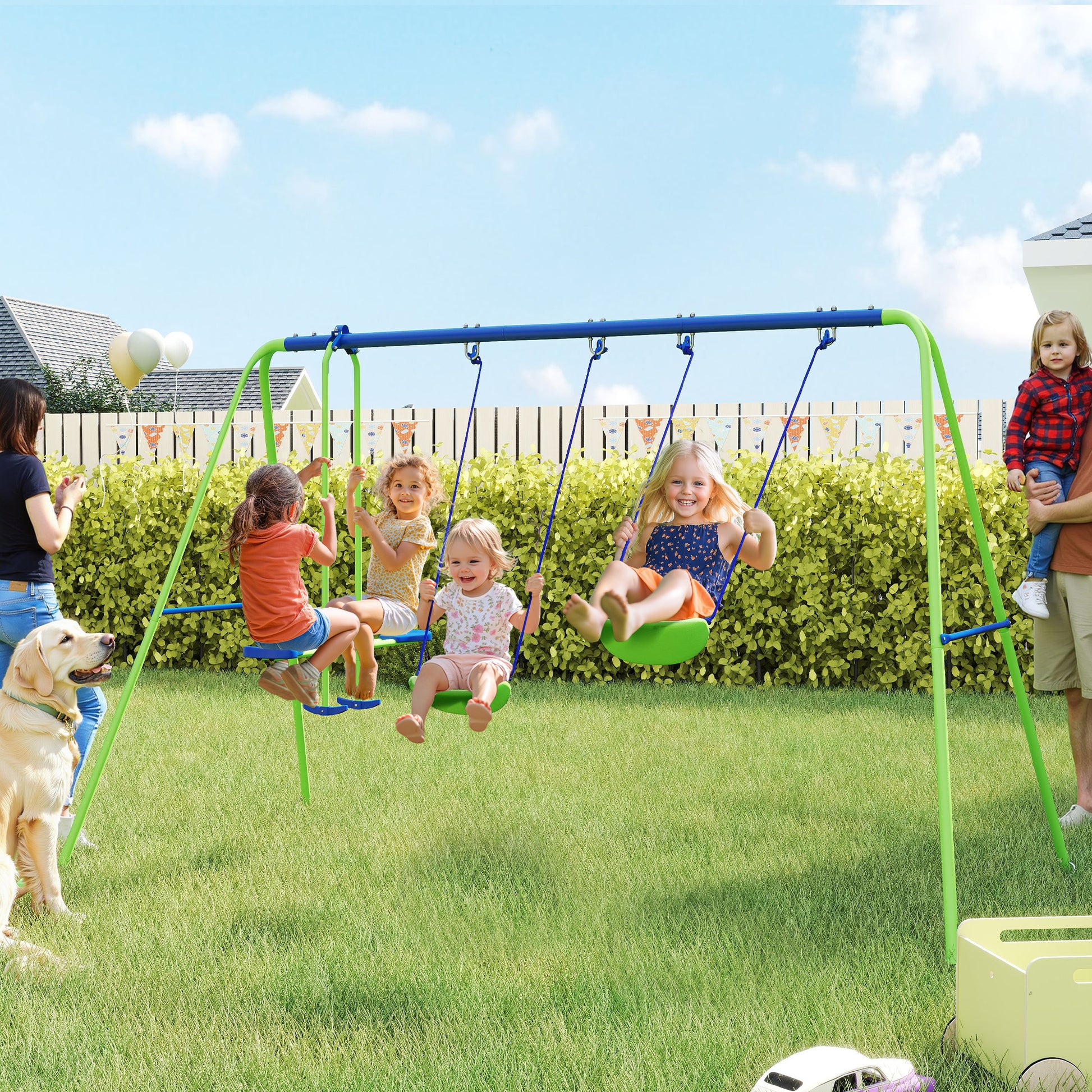 Swing Frame Outdoor Swing Set with 2 Swings, Seesaw, Children's Swing with Metal Frame, Adjustable Rope Garden Swing for Kids, Green