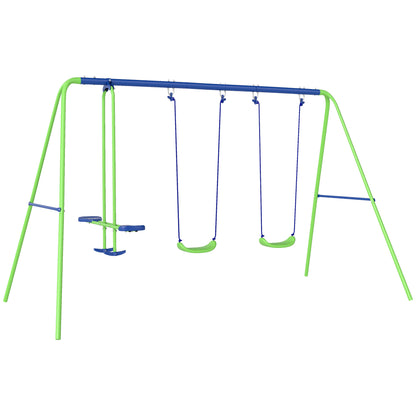 Swing Frame Outdoor Swing Set with 2 Swings, Seesaw, Children's Swing with Metal Frame, Adjustable Rope Garden Swing for Kids, Green