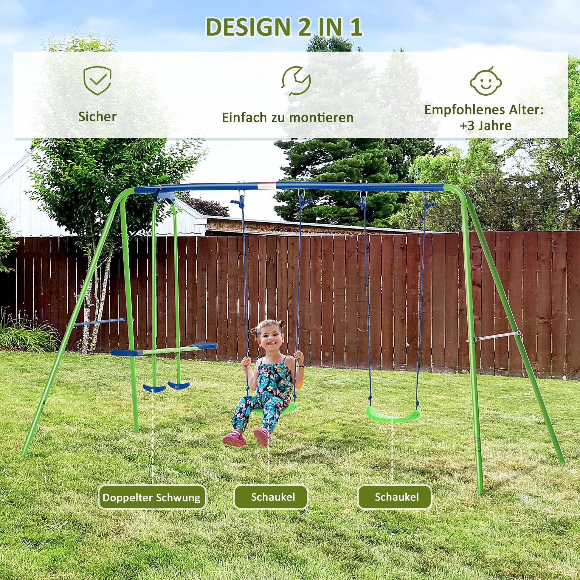 Swing Frame Outdoor Swing Set with 2 Swings, Seesaw, Children's Swing with Metal Frame, Adjustable Rope Garden Swing for Kids, Green