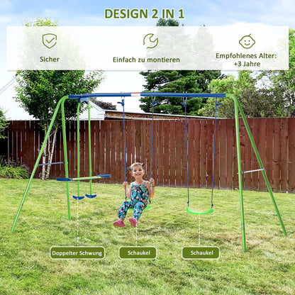 Swing Frame Outdoor Swing Set with 2 Swings, Seesaw, Children's Swing with Metal Frame, Adjustable Rope Garden Swing for Kids, Green
