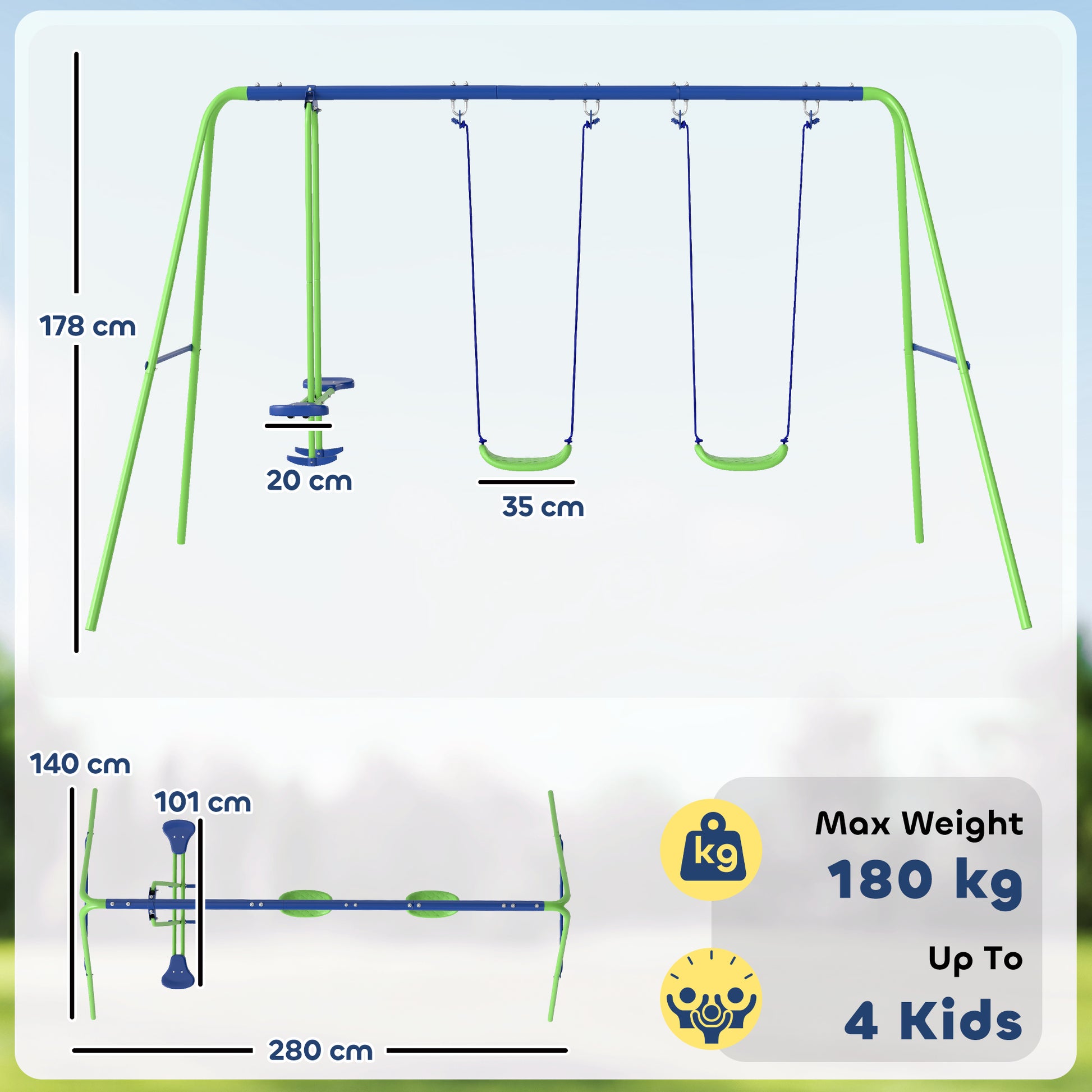 Swing Frame Outdoor Swing Set with 2 Swings, Seesaw, Children's Swing with Metal Frame, Adjustable Rope Garden Swing for Kids, Green
