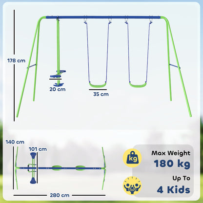Swing Frame Outdoor Swing Set with 2 Swings, Seesaw, Children's Swing with Metal Frame, Adjustable Rope Garden Swing for Kids, Green