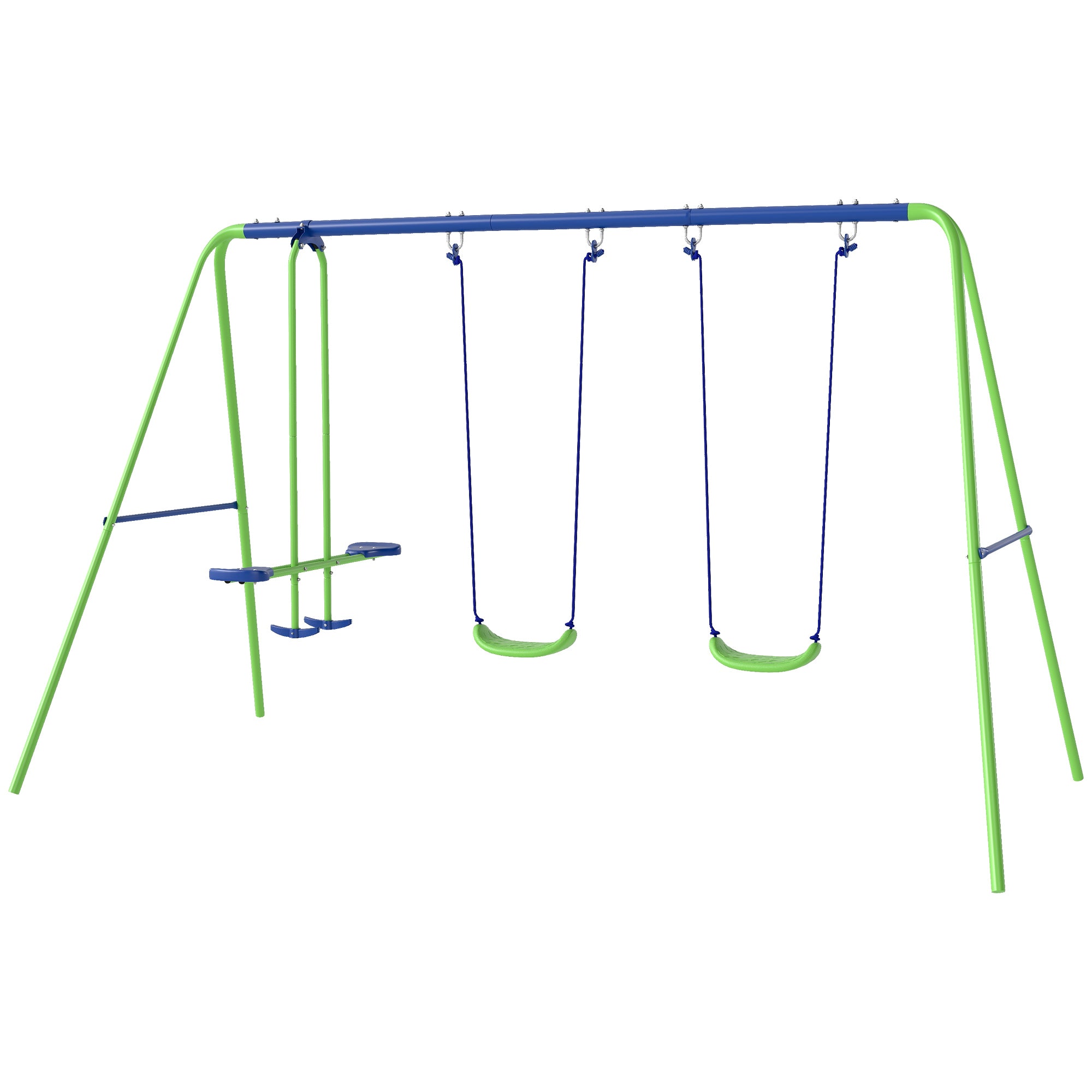 Swing Frame Outdoor Swing Set with 2 Swings, Seesaw, Children's Swing with Metal Frame, Adjustable Rope Garden Swing for Kids, Green