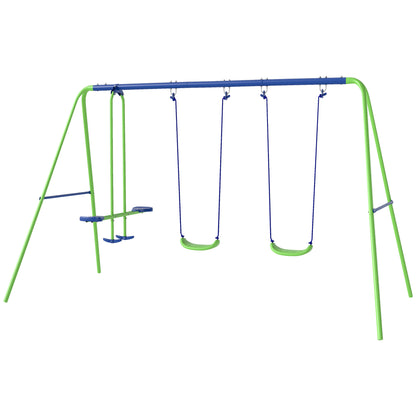 Swing Frame Outdoor Swing Set with 2 Swings, Seesaw, Children's Swing with Metal Frame, Adjustable Rope Garden Swing for Kids, Green