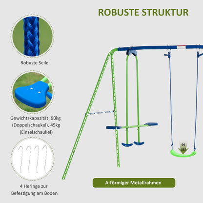 Swing Frame Outdoor Swing Set with 2 Swings, Seesaw, Children's Swing with Metal Frame, Adjustable Rope Garden Swing for Kids, Green