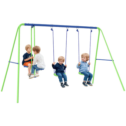Swing Frame Outdoor Swing Set with 2 Swings, Seesaw, Children's Swing with Metal Frame, Adjustable Rope Garden Swing for Kids, Green