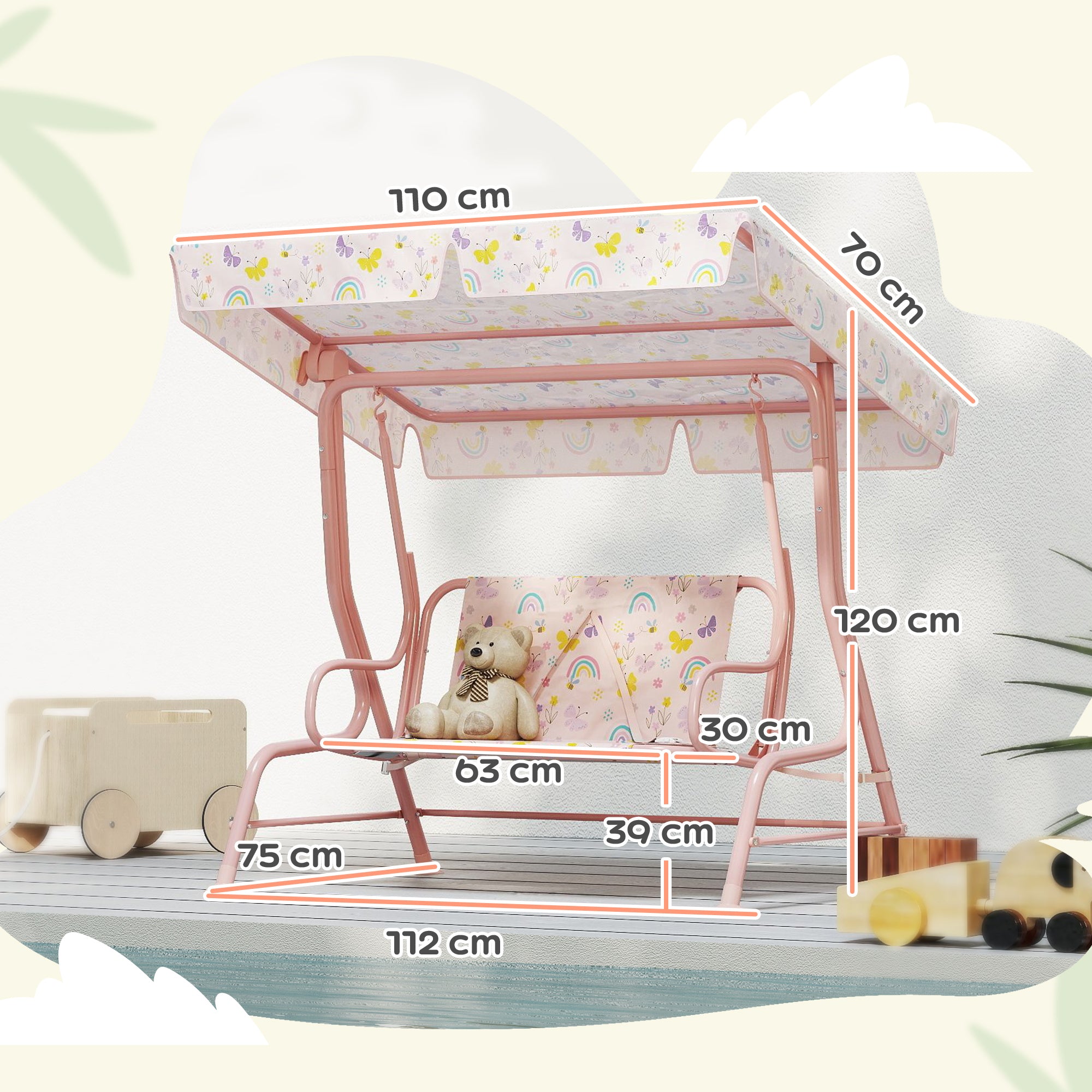 Kids Hollywood Swing 2-Seater Children's Swing with Adjustable Sunshade, Safety Belt Garden Swing for 3-6 Years Kids Pink 110 x 74 x 113 cm