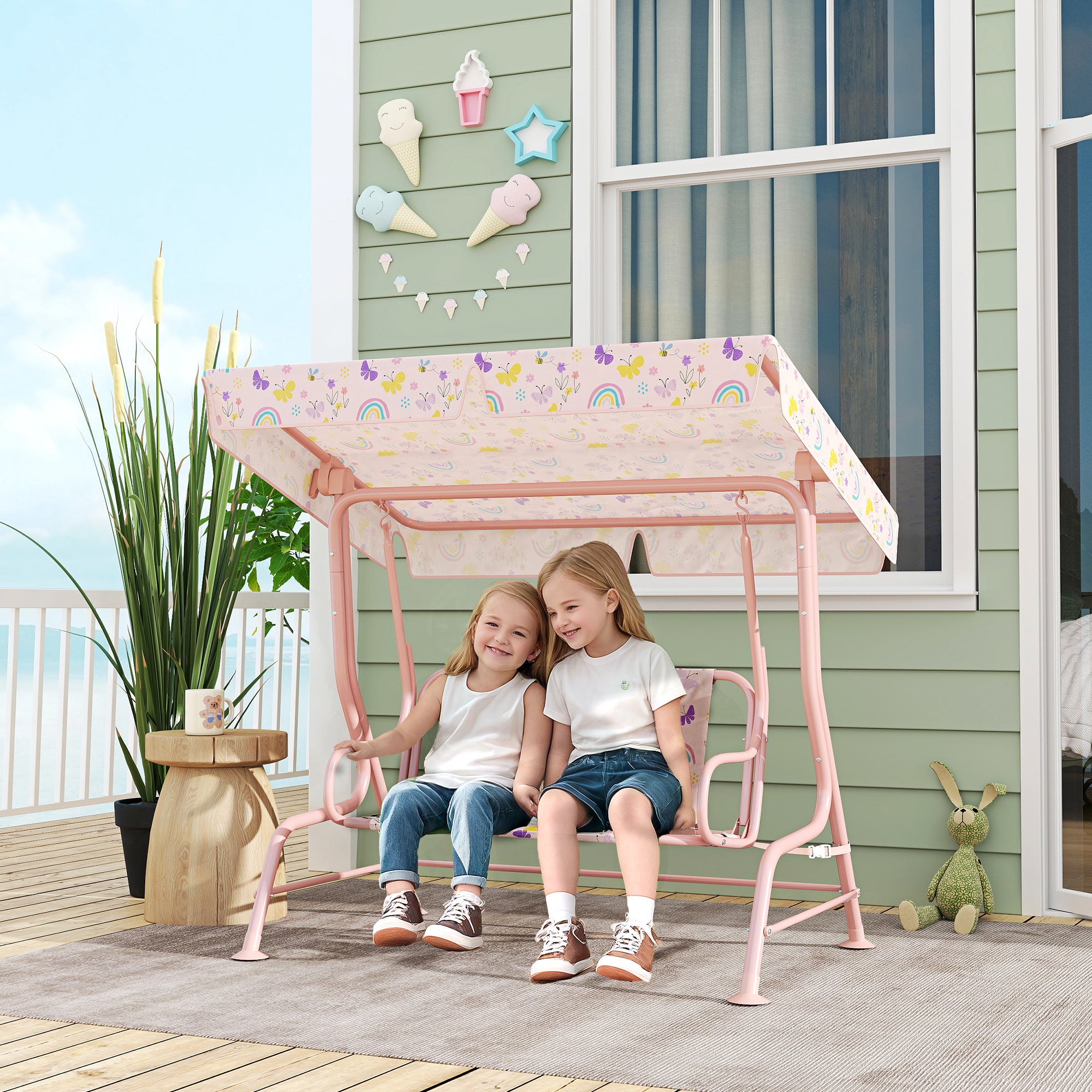Kids Hollywood Swing 2-Seater Children's Swing with Adjustable Sunshade, Safety Belt Garden Swing for 3-6 Years Kids Pink 110 x 74 x 113 cm