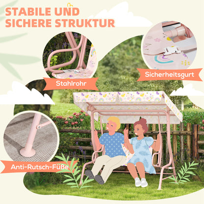 Kids Hollywood Swing 2-Seater Children's Swing with Adjustable Sunshade, Safety Belt Garden Swing for 3-6 Years Kids Pink 110 x 74 x 113 cm