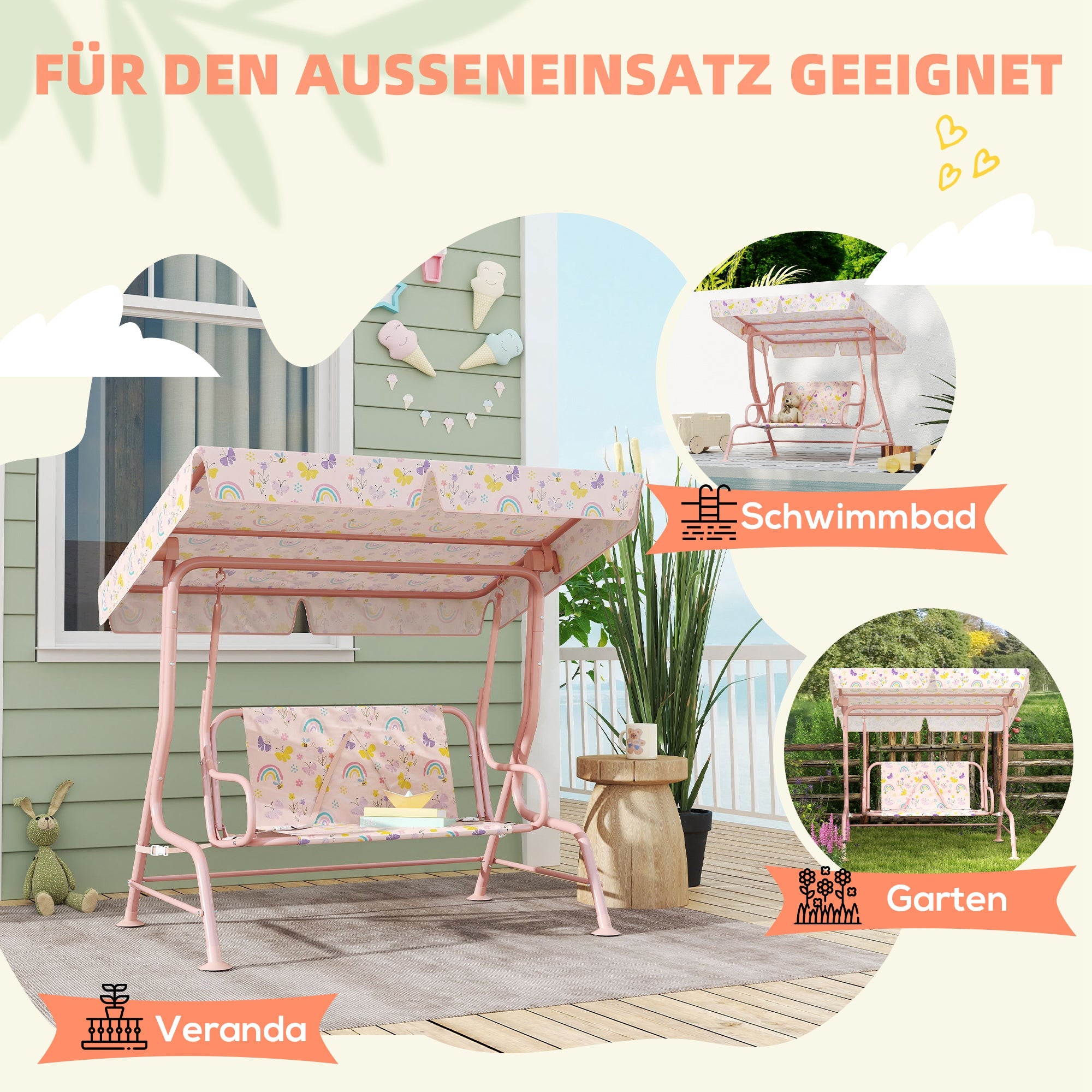 Kids Hollywood Swing 2-Seater Children's Swing with Adjustable Sunshade, Safety Belt Garden Swing for 3-6 Years Kids Pink 110 x 74 x 113 cm