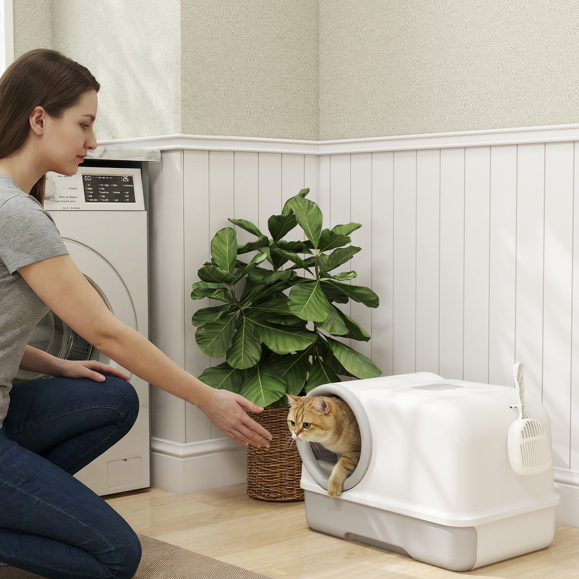 Covered Cat Litter Box with Hood & Scoop, Pull-Out Tray, 2 Activated Carbon Filters — White/Gray, for Cats up to 11 lb, 23.2 x 15.6 x 15.6 in