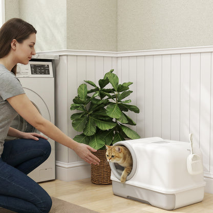 Covered Cat Litter Box with Hood & Scoop, Pull-Out Tray, 2 Activated Carbon Filters — White/Gray, for Cats up to 11 lb, 23.2 x 15.6 x 15.6 in