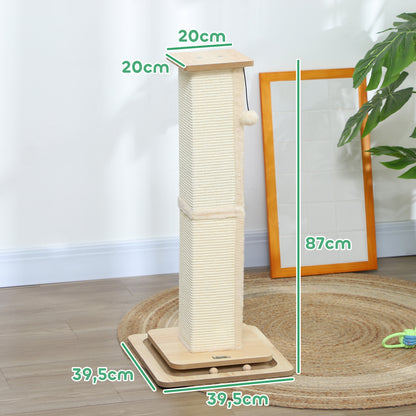 3-in-1 Scratching Post, 87cm Scratching Column, Sisal Cat Scratching Tree with Play Ball, Cat Scratching Furniture, Indoor, Oak