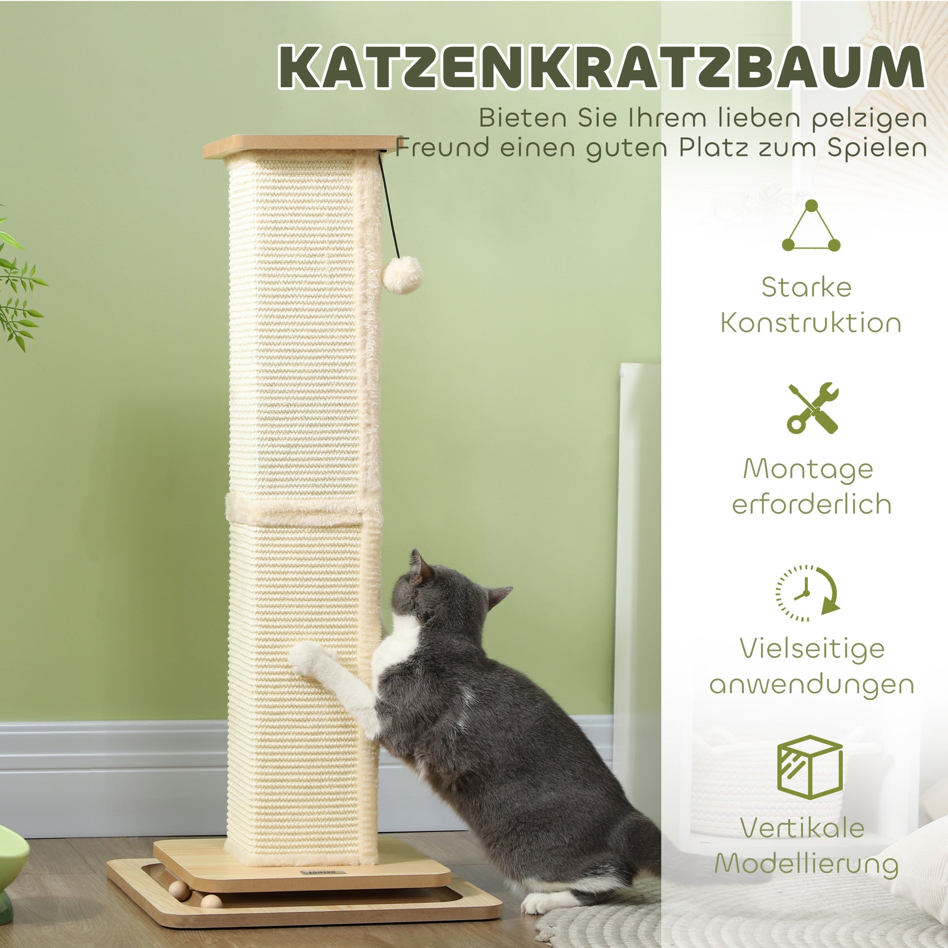 3-in-1 Scratching Post, 87cm Scratching Column, Sisal Cat Scratching Tree with Play Ball, Cat Scratching Furniture, Indoor, Oak